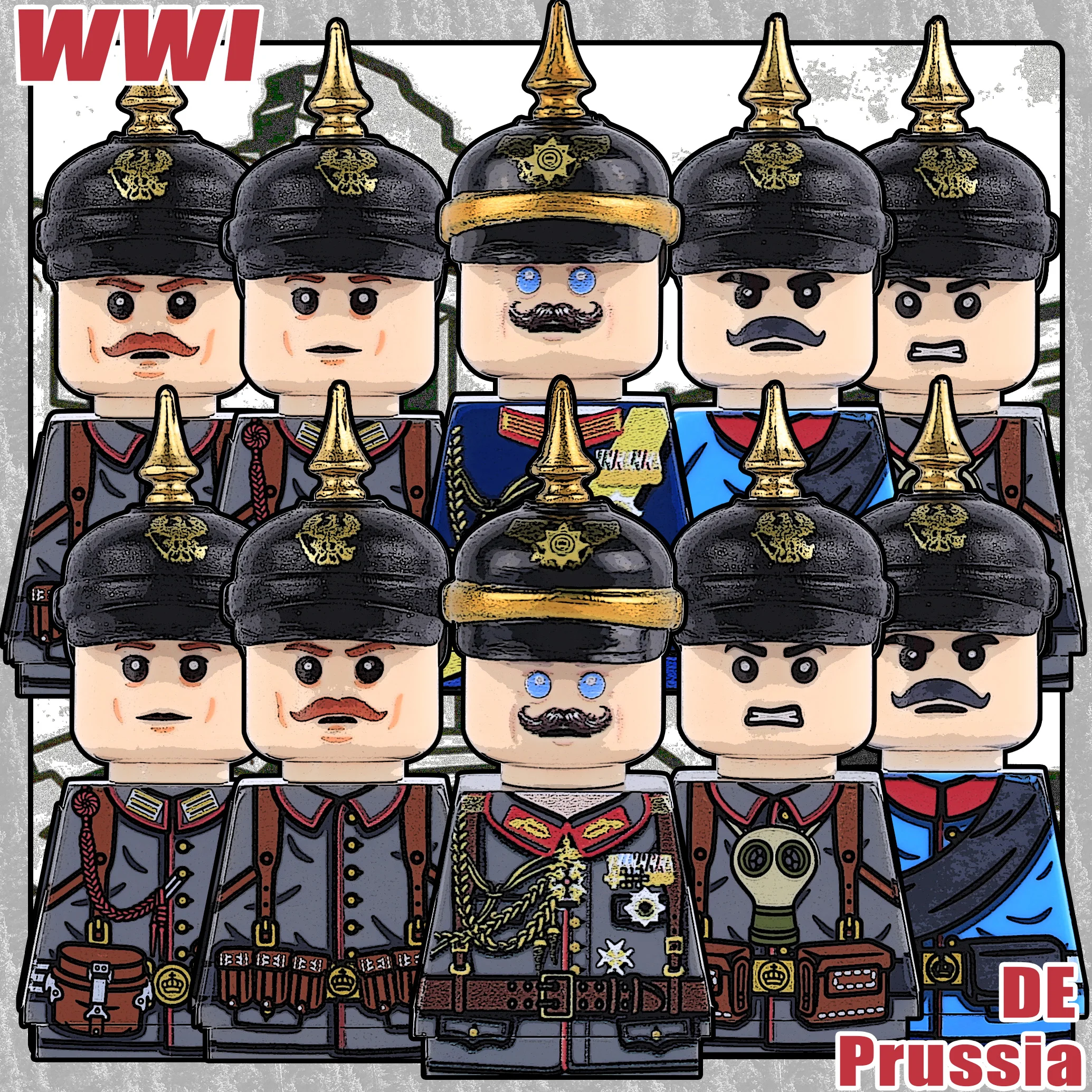 

Конструктор MOC: Фигурки немецких прусских солдат Первой мировой войны, армейские шлемы, шляпы офицеров Прусии, оружие, пистолет PPSH, кирпичики, игрушки, подарок для детей