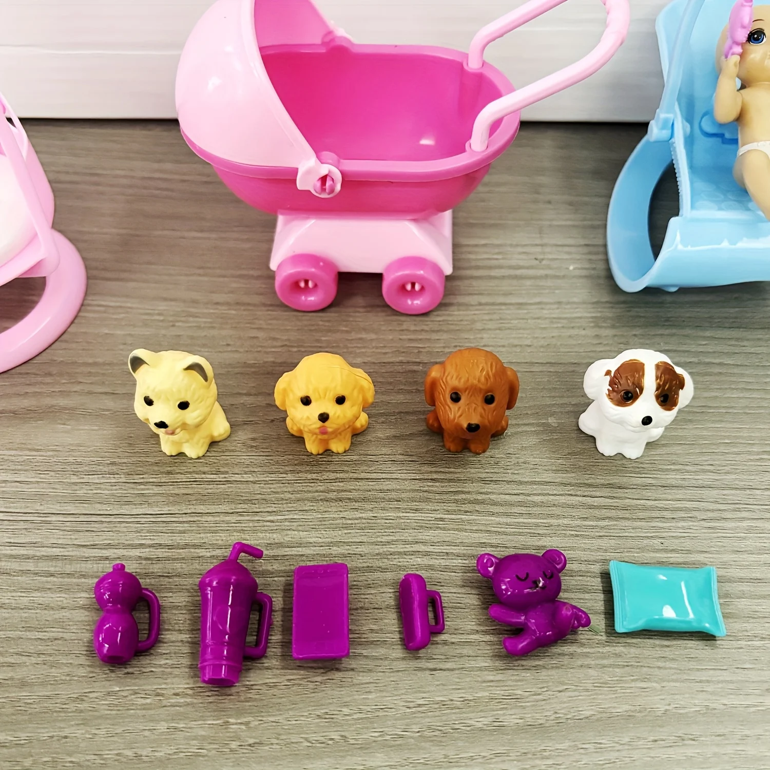 Spielhaus Puppenwagen Schaukelstuhl Zubehör Haustierset Niedliches Mini-Spielzeugset Puppenhauszubehör