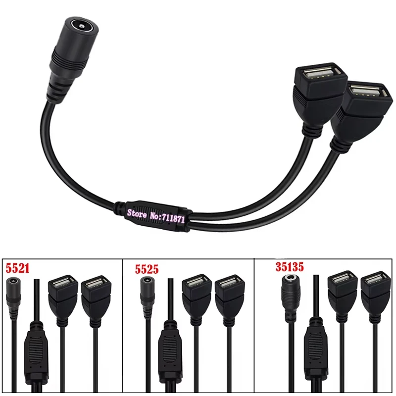 DC 5521 5525 35135 Usb Power cable Cord 5.5*2.1 5.5*2.5 3.5*1.35 Female to 2 Two Double Usb Female DC Power Line Wire DC 2 Usb F