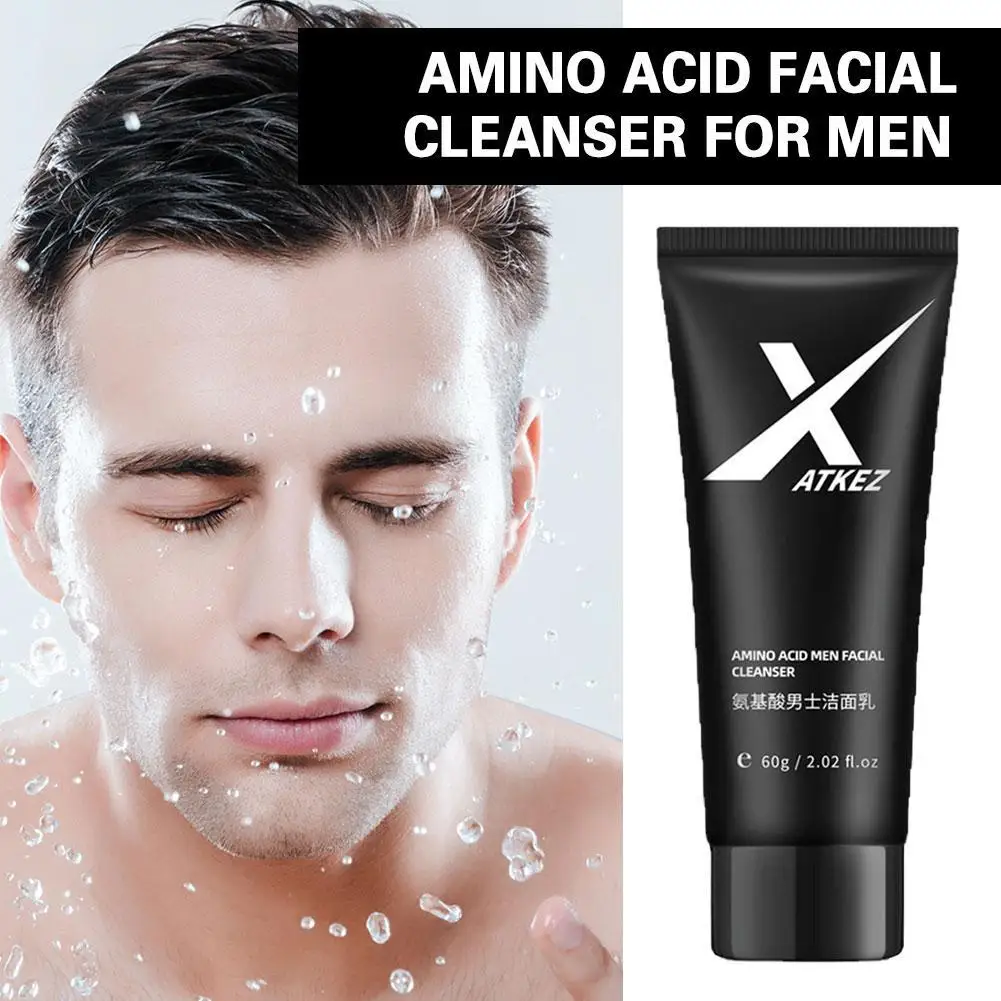 Pembersih wajah asam Amino untuk pria, Pembersih Wajah lembut sehari-hari membersihkan pori-pori dalam, kontrol minyak jerawat 60g