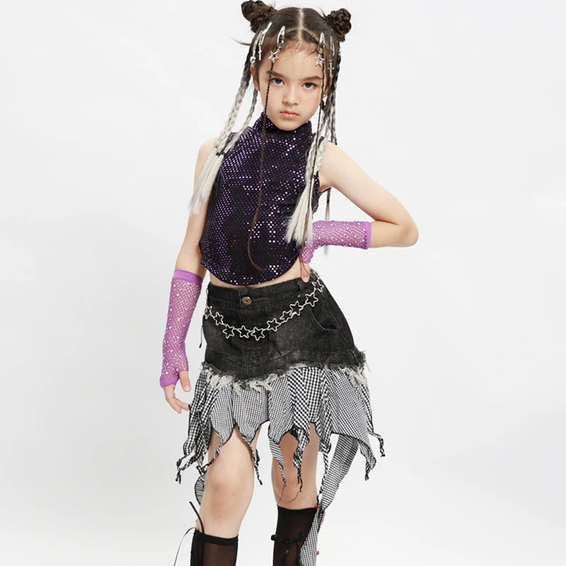 Children'S Kpop Stage Outfits Sequins Vest Irregular Skirt Girls Cheerleading Jazz Dance Costume Kids Hip Hop Clothing XS8304