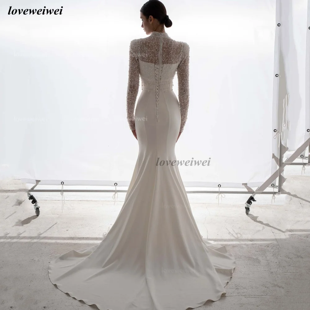 Vestidos de novia de sirena personalizados, vestidos de novia elegantes de manga larga con cuentas, vestido de novia con cordones, vestido de novia de lujo