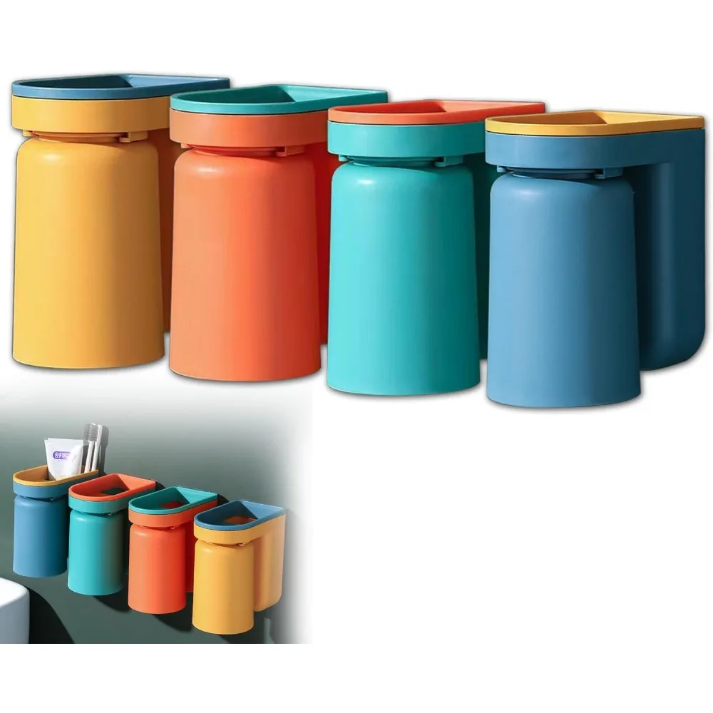 

Настенный держатель для зубных щеток с чашкой, набор держателей и чашек для зубных щеток 2-в-1, перевернутый дизайн для легкой очистки и слива, наклейка