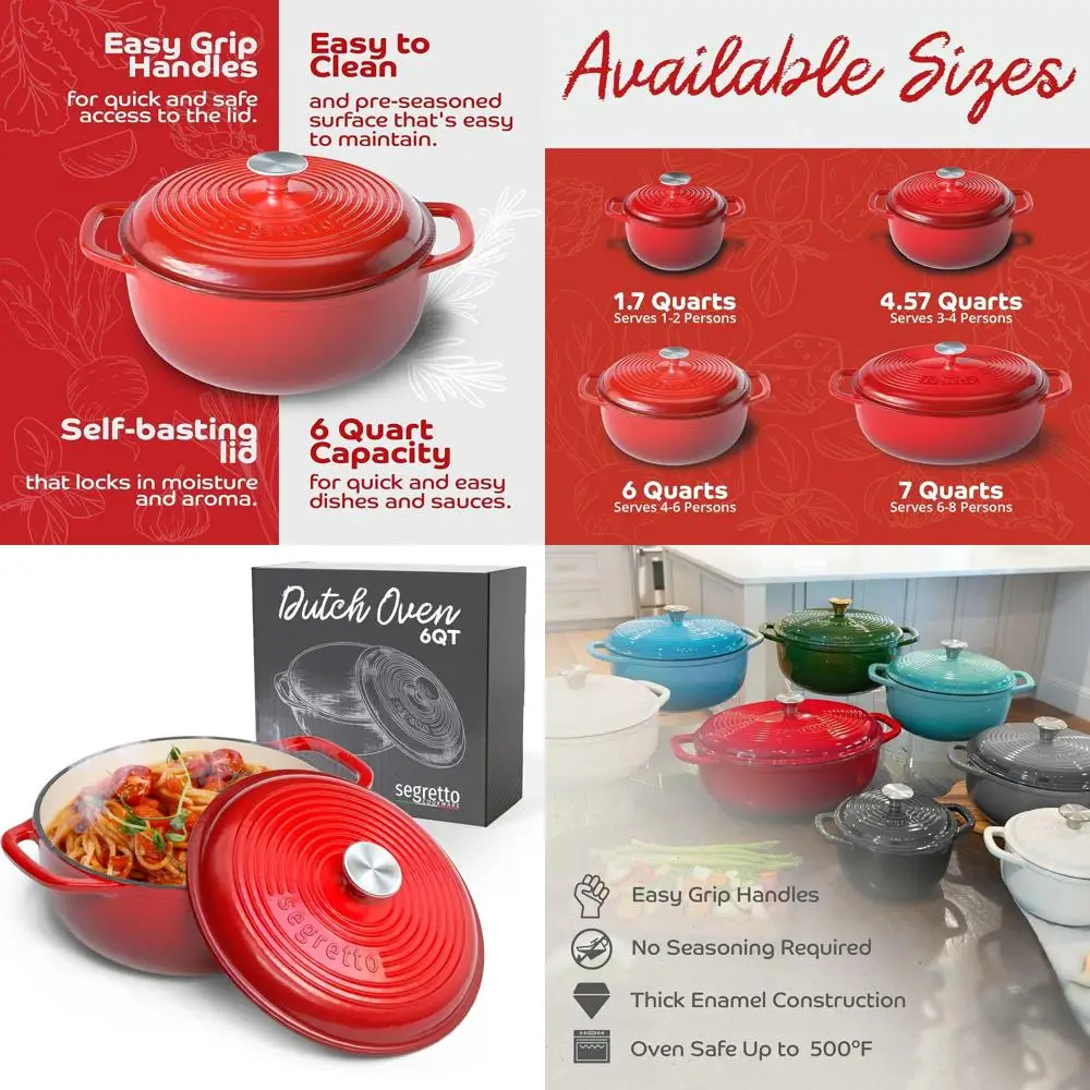

6-Quart Gradient Red Enameled Cast Iron Dutch Oven with Lid and Silicone Pot Holders