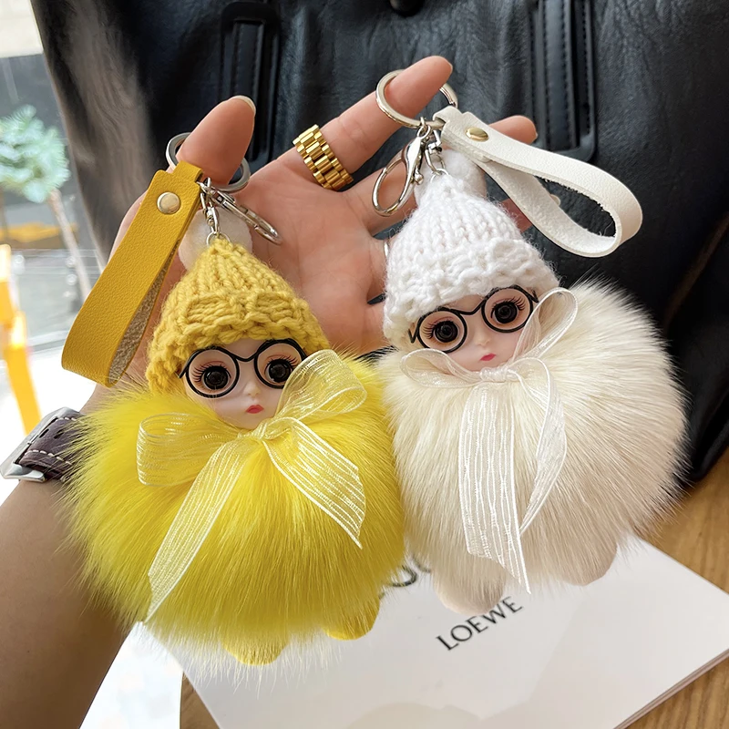 Cute Big Eyed Doll Pompom Keychain Real Fox Fur Bag Charm for Women Bag Key Ring Fine Jewelry Accessories Kids Girl Gift