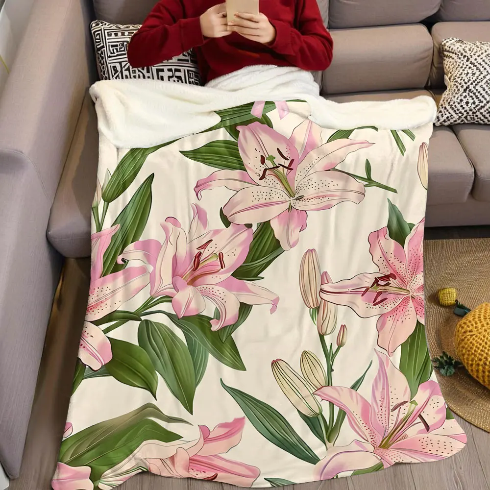 Pink Lily Print Flannel Blanket Warm Soft Halloween Christmas Decorative Couch Warm Cozy All-Season Gift