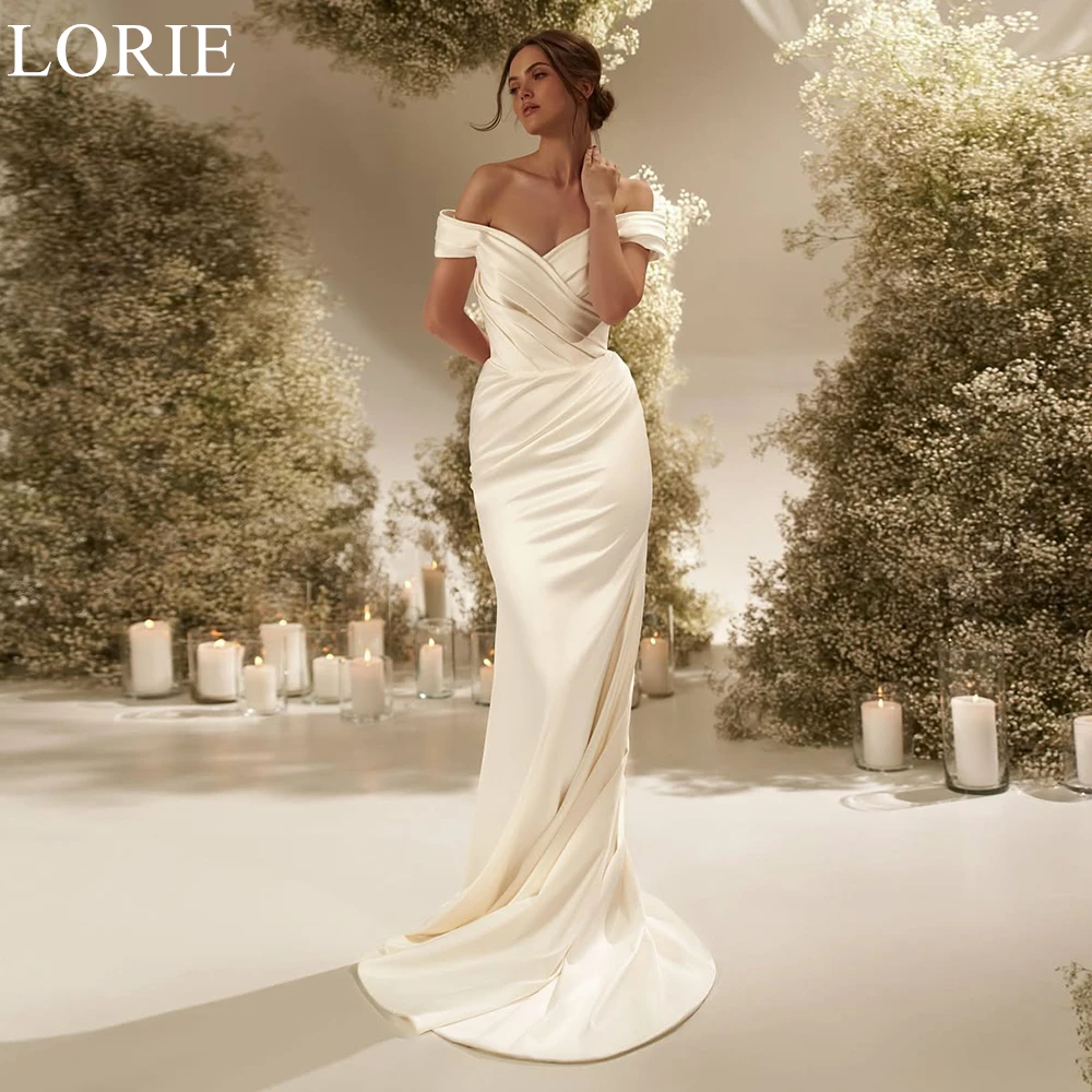 

LORIE Elegant Ivory Satin Wedding Dresses Mermaid Off Shoulder Draped Pleated Bride Prom Gown 2025 Simple Bridal Gown Customized