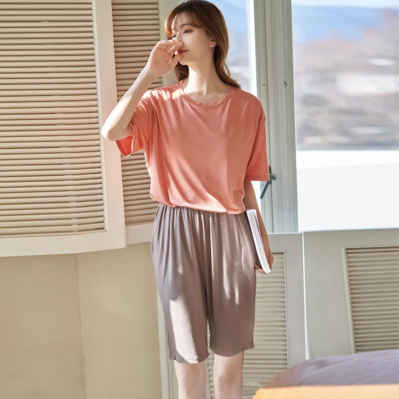 With Chest Pad Modal Tops + Knee-Length Trousers Pyjamas Female Short Sleeve Womens Pajamas Set Solid Color Homewear Lounge Wear