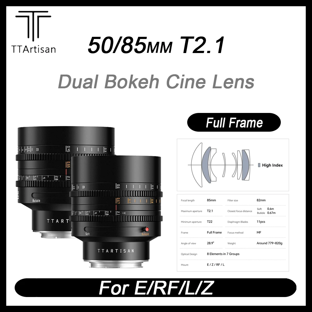 

2025 Новый объектив TTArtisan 50 мм/85 мм T2.1 Cine с большой диафрагмой и ручной фокусировкой Prime, многокрепление для Sony E/Canon RF/Nikon Z