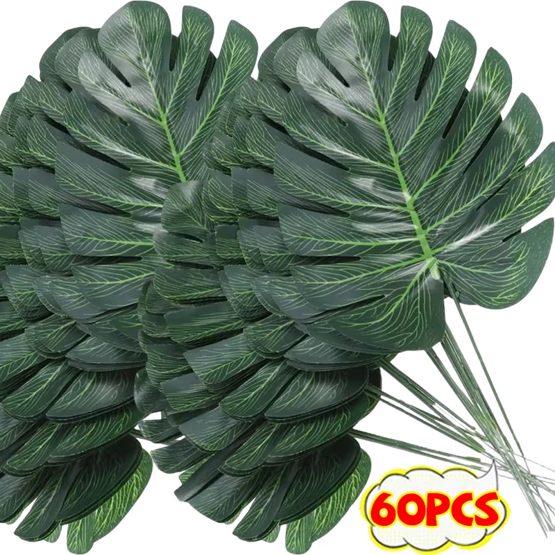 60/10 Piezas de Hojas de Palma Tropicales Artificiales, Ramas de Tortuga Verdes, Plantas de Monstera Falsas para Decoración de Mesa en Cumpleaños y Bodas