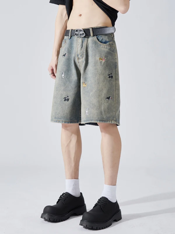 

Винтажные джинсовые шорты Waed с вышивкой, мужские летние тонкие брюки для пар, свободные повседневные американские шорты длиной до колена