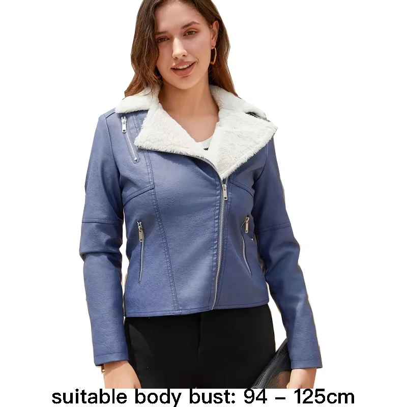 

high quality short leather jacket coat for women fur lining big size motorcycle jacket new 2023 winter clothing black brown