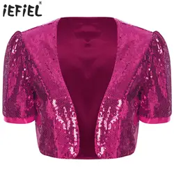 Sequin Jacket for Women Glitter Open Front Cardigan Sparkly Open Front Crop Blazer Shrug Bolero Azz Dance Cropped Tops Clubwear