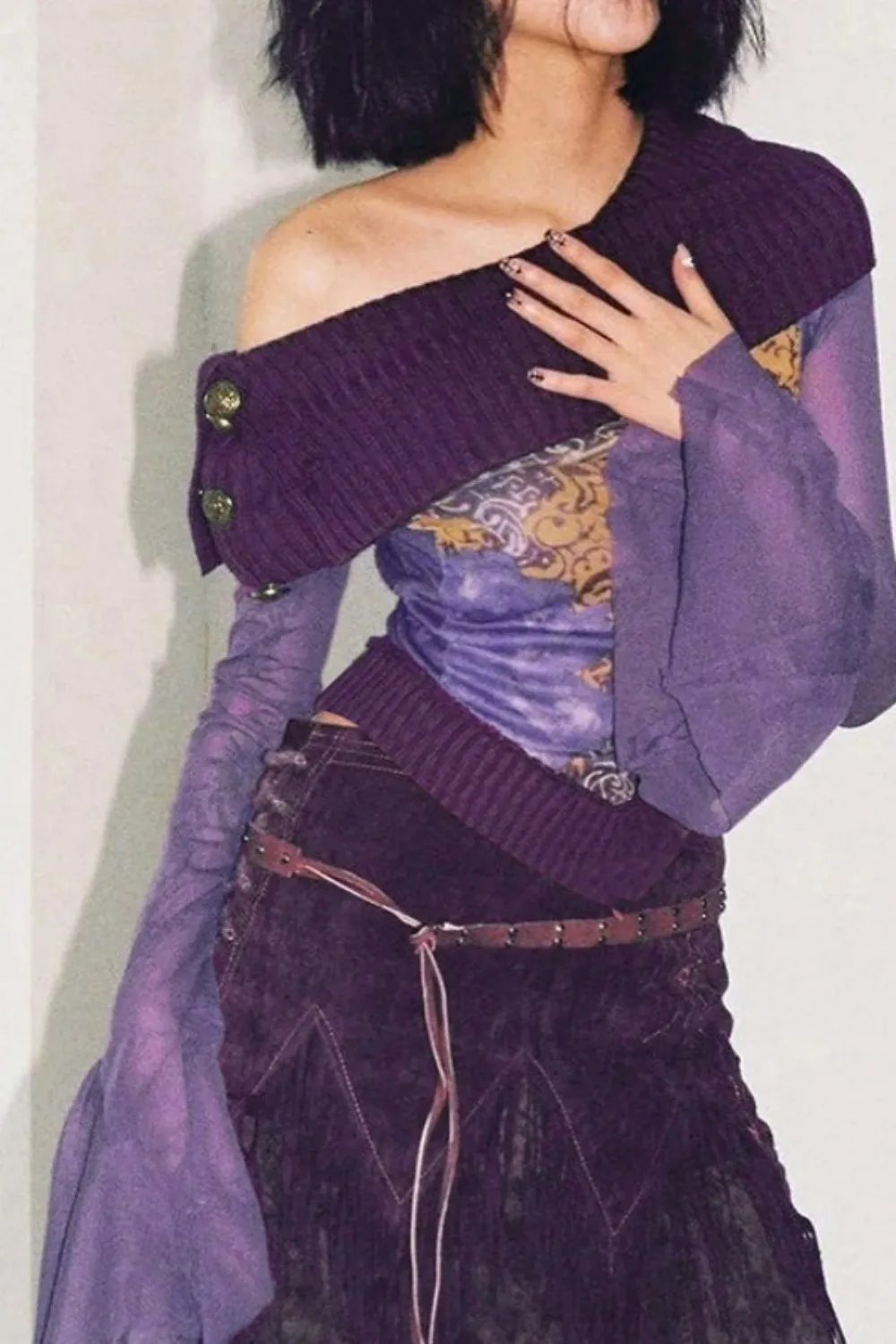 

Deconstructed Mesh Top Patchwork Long Sleeve Blouse Y2K Revival Aesthetic Grunge Remix Fashion Kenopsia Statement Top