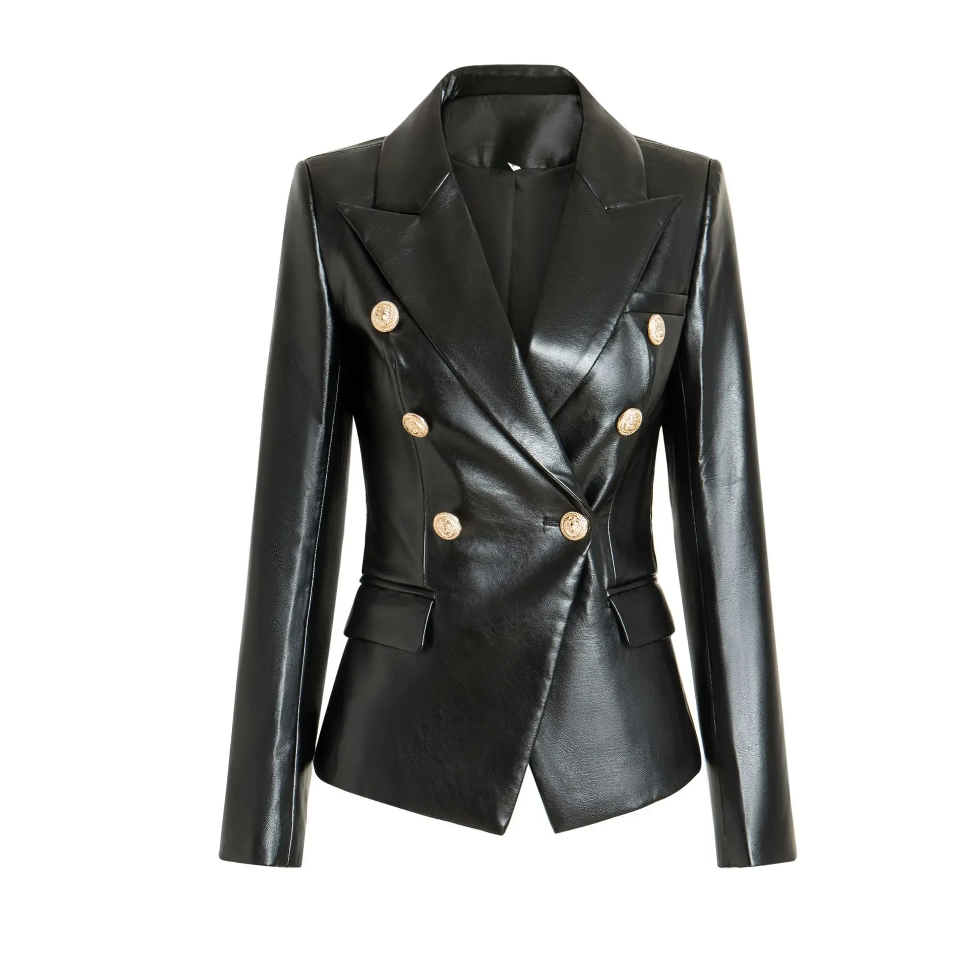 

HarleyFashion European American Top Quality PU Leather Fittness Gold Buttons Slim High Street Women Black Blazer