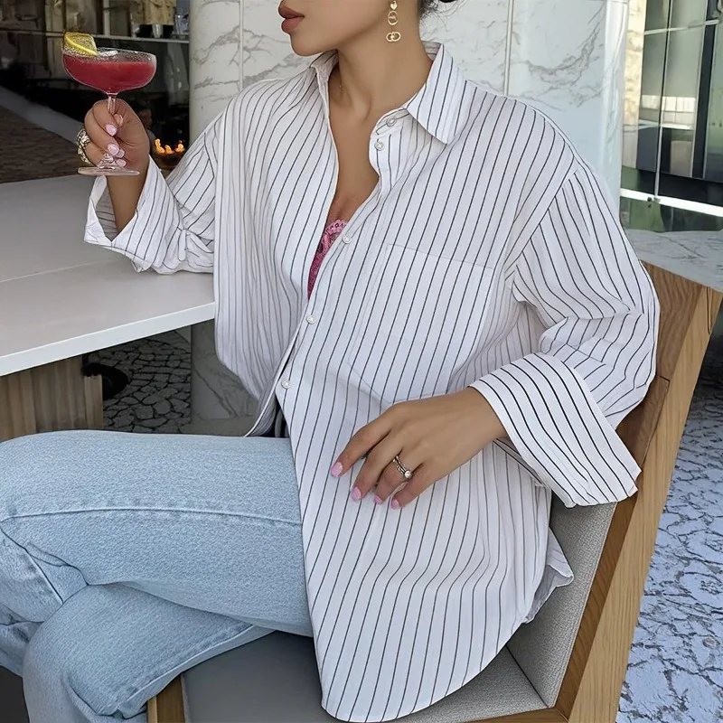 

Women's Casual Vacation Striped Long Sleeve Shirt Minimalist Loose Fit Blouse Beach Top with Button Down Office Travel Shirt