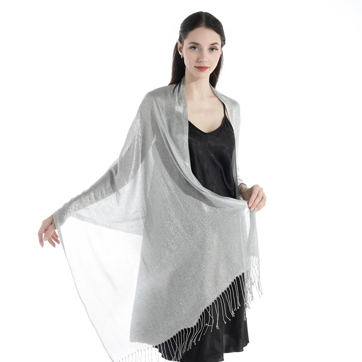 

Silver Silk Scarf for Women Tassel Shawl Prom Dinner Party Luxury Ladies Autumn Summer New