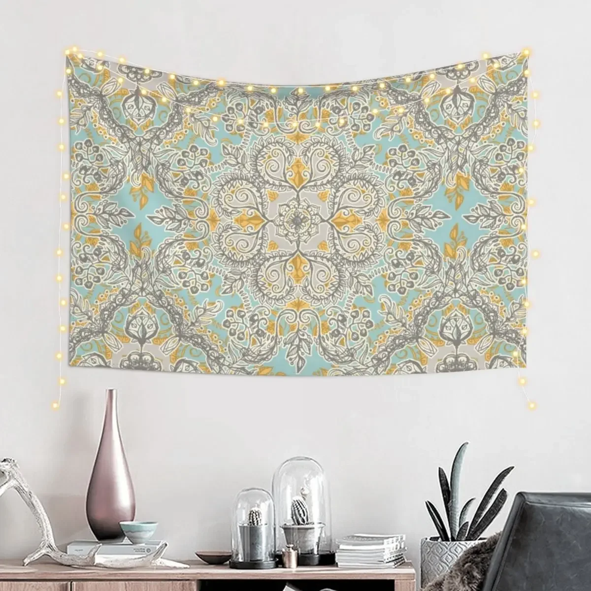 Gypsy Floral in Soft Neutrals, Grey & Yellow on Sage Tapestry Room Ornaments Room Design Cute Room Things Tapestry