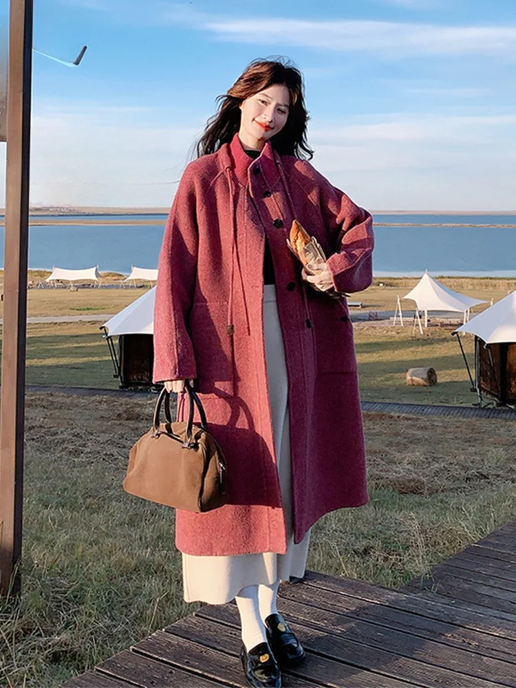 

Розовое двустороннее шерстяное пальто женское средней длины, осенне-зимнее, новое, в корейском стиле, для повседневной носки, с длинными рукавами, воротником-стойкой