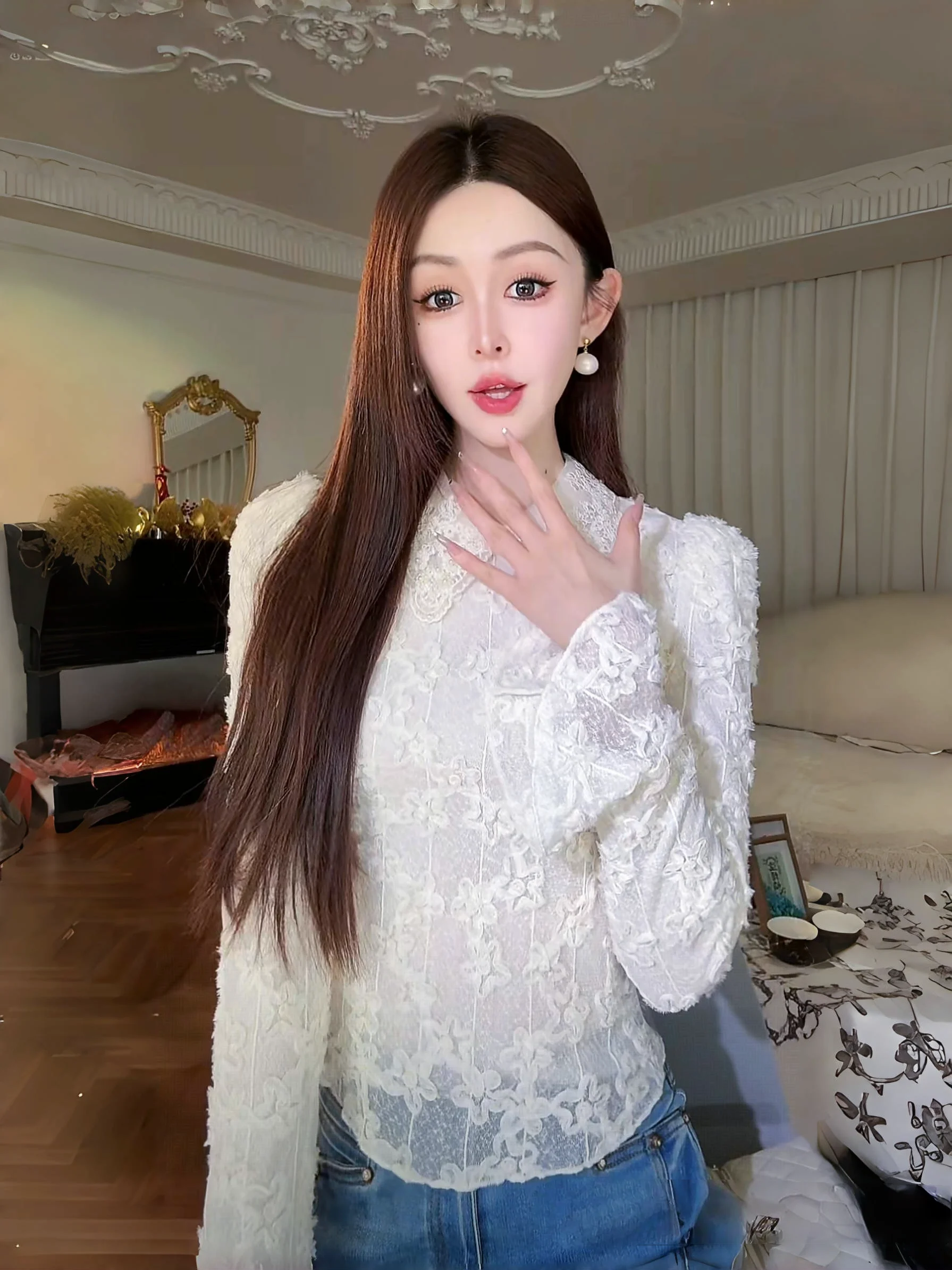 

Ele Pearl Embroidery Doll Collar Slim Fit Top Heavy Work Embroidery Pearl Small Bead Disk Flower Patterned Women's irt