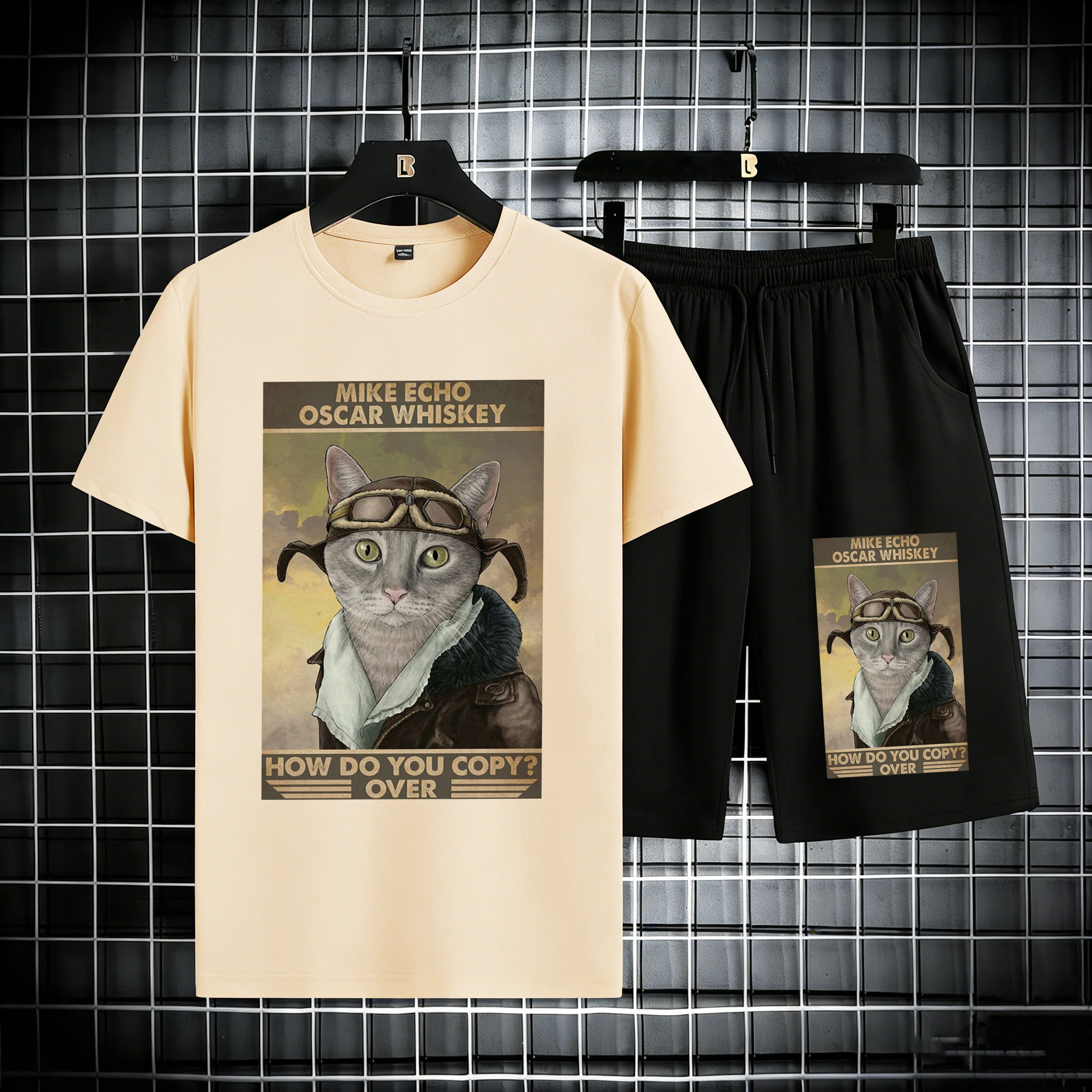 

Retro Styled Cat Calling Out Print Summer Cotton Running Short Sleeve Set Man'S Sport Soft Tees Drawstring Street Loose Pants