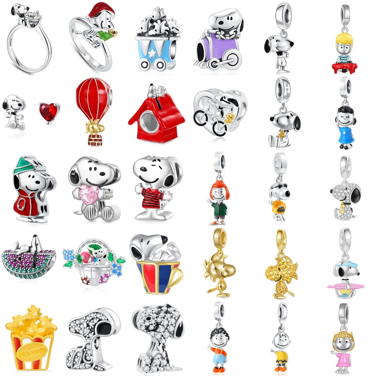 

MINISO Disney Snoopy Watermelon Flower Basket Sterling Silver Charms Beads Pendant Ring Fit Original Women DIY Jewelry Gift