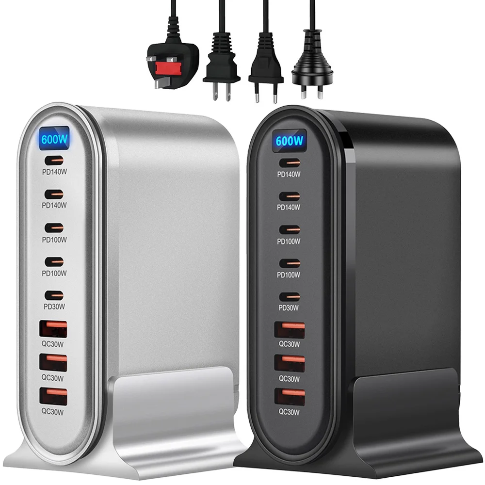 8 Ports 600W GaN Fast Charger LED Display USB C 5C3A PD Desktop Fast Charging Station Adapter For iPhone/Samsung/Xiaomi/iPad