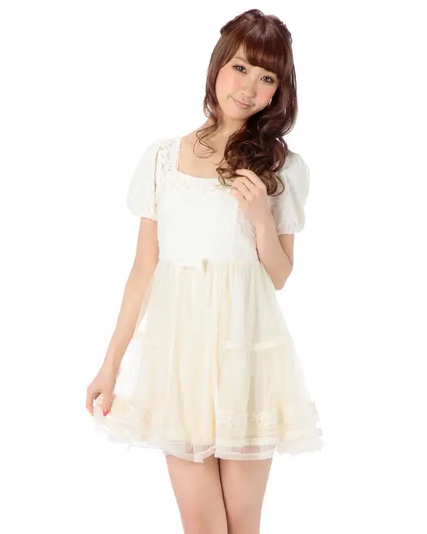 Japan Style Liz Lisa Jacquard Puff Sleeve Lace Mesh Bow Mini Dress