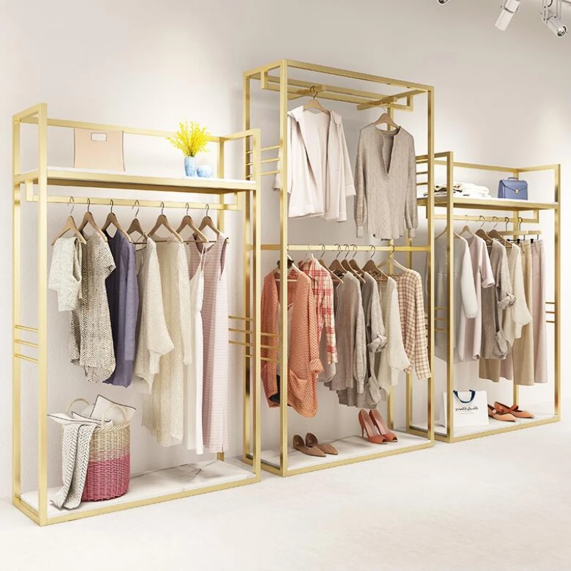 

Стеллажи для магазина одежды, напольные женские полки из нанозолотого цвета, двухслойные высокие шкафы, подвесные стеллажи