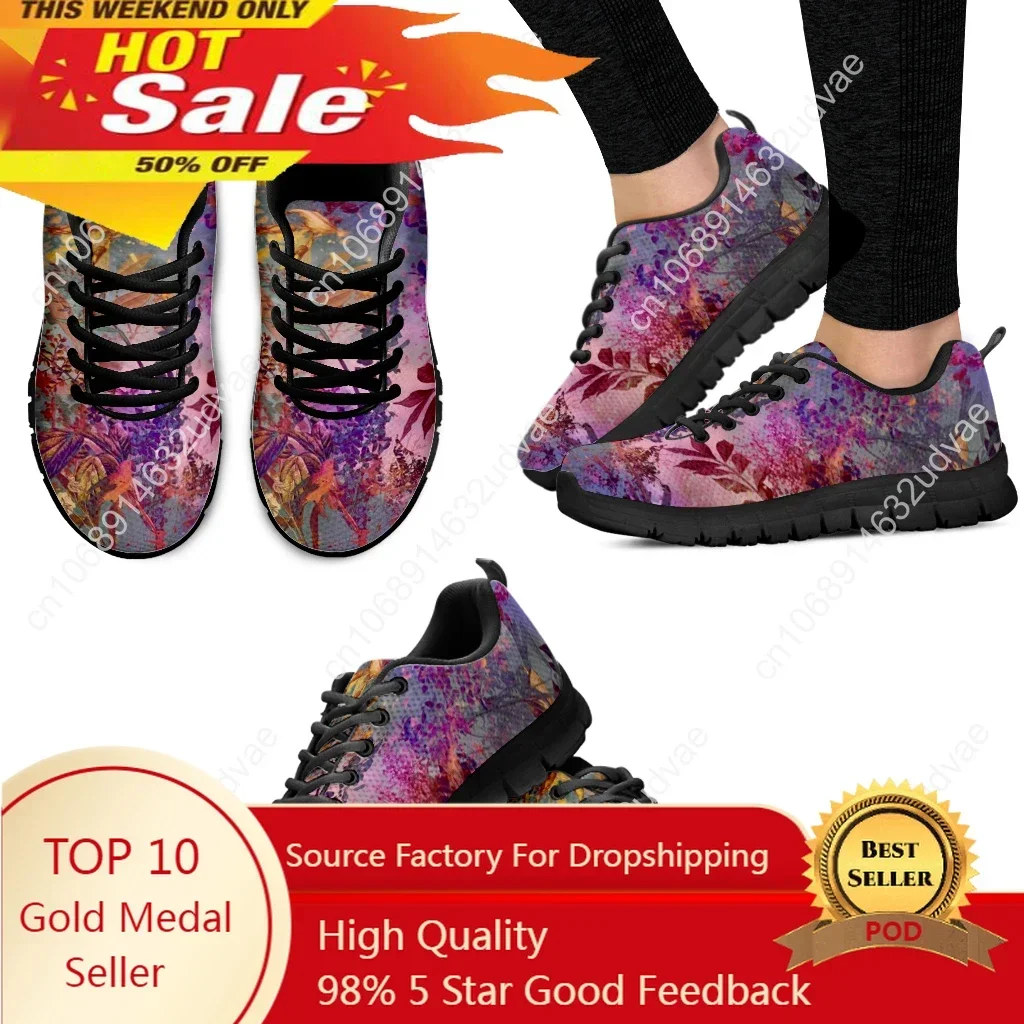 

Pretty Dark Tropical Flower Print Ladies Sport Sneakers Breathable Lace up Flat Shoes for Women Comfort Zapatillas