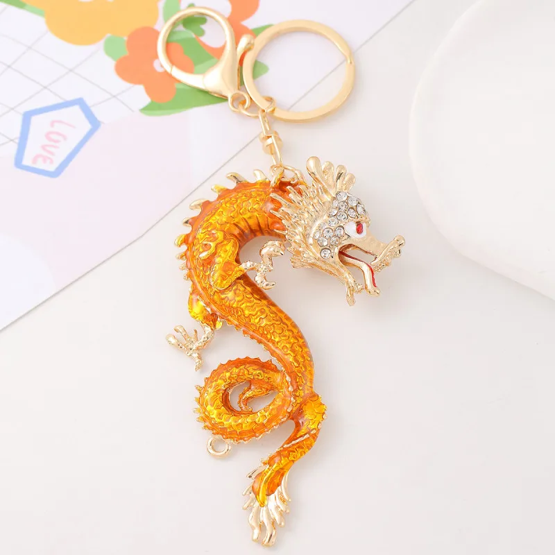 Chinese Elements The Year of The Loong Creative Chinese Loong Key Chain Set Zircon Gold Color Zodiac Dragon Hanging Accessories