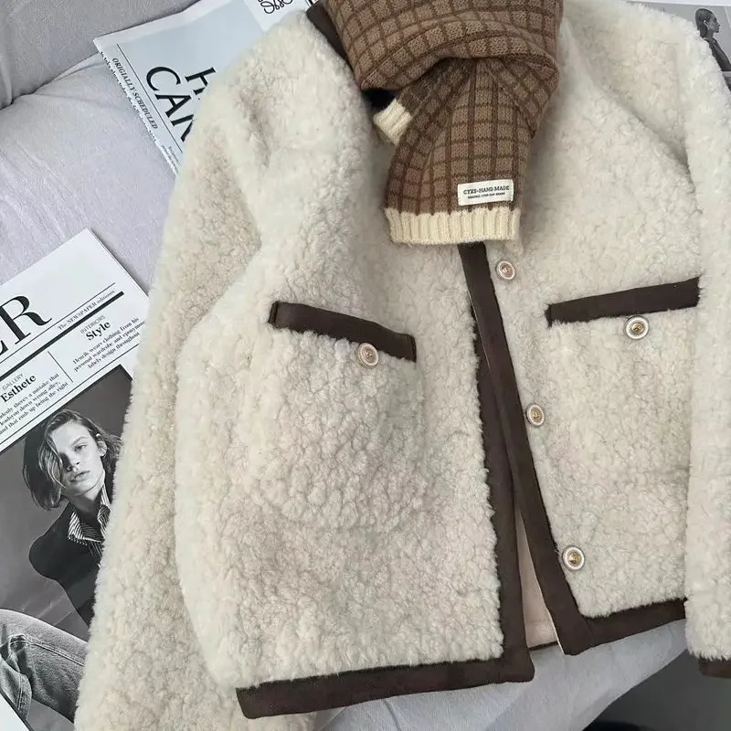 Giacca in lana di agnello Donna Autunno Inverno Giacca corta Cappotto in pelliccia sintetica Tendenza Top corto Disegni monopetto Capispalla antivento