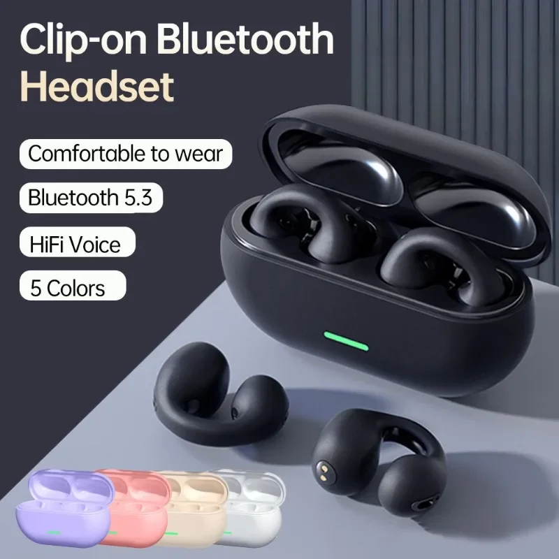 Écouteurs Bluetooth TWS 5.3 sans fil à conduction aérienne, avec clip d'oreille, suppression du bruit, appels HD, pour le sport et le gaming