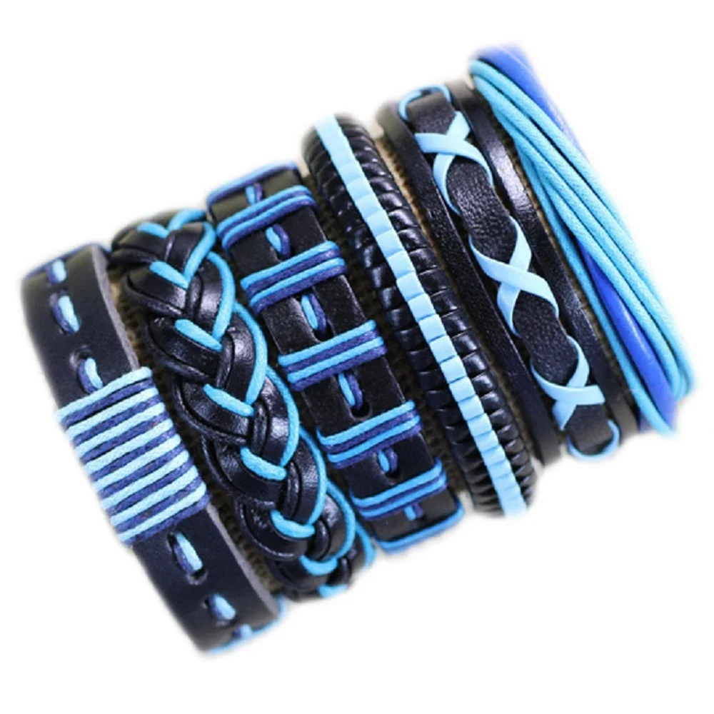 Blue Bracelets 6pcs/set Wrap Woven Fashion Handmade Men Bracelets Women Leather Bracelet Men Bangle Wholesale Jewelry Gift S69