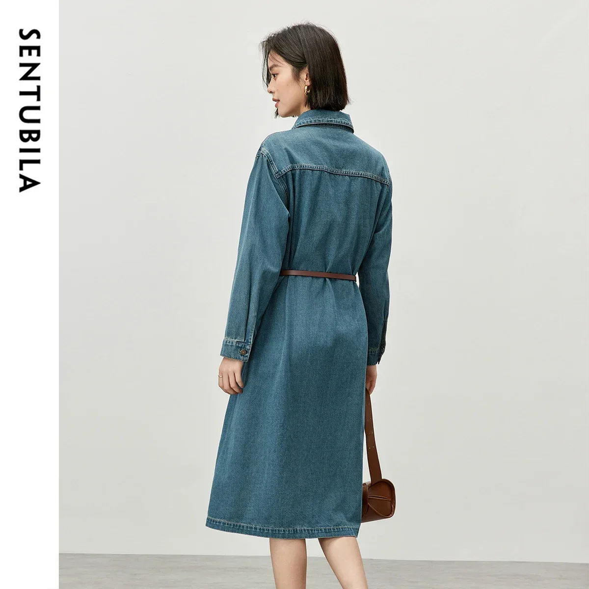 SENTUBILA femmes Vintage Denim chemise robe 2025 printemps automne simple boutonnage longue a-ligne Jean robes dames vêtements W43L57317