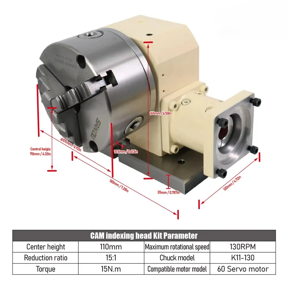 K11-130 Three Jaw Chuck Center Height 110 mm 130PRM Tail Seat  match with 60 servo motot  Cam sprocket kit for Cnc