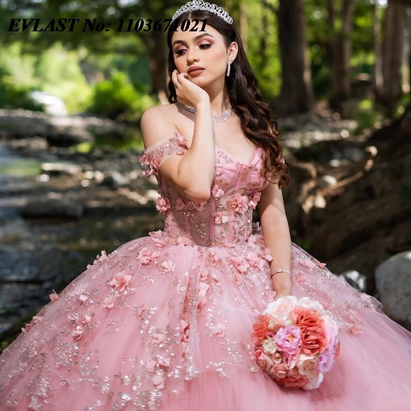 EVLAST Mexican Pink Quinceanera Dress Ball Gown 3D Floral Applique Beading Diamonds Corset Sweet 16 Vestidos De XV 15 Anos SQ146