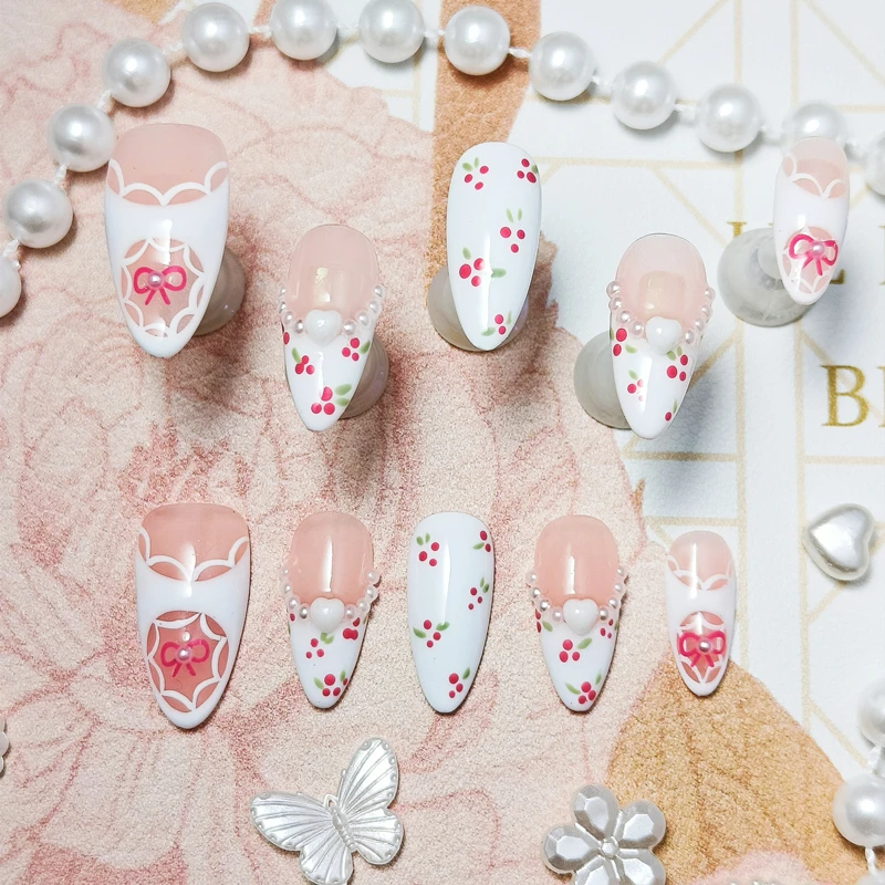 

10 шт., нарисованные вручную пресс на ногтях, розовый цветок, милые акриловые накладные ногти, многоразовые клейкие искусственные Alomd, белые французские девушки, сладкие