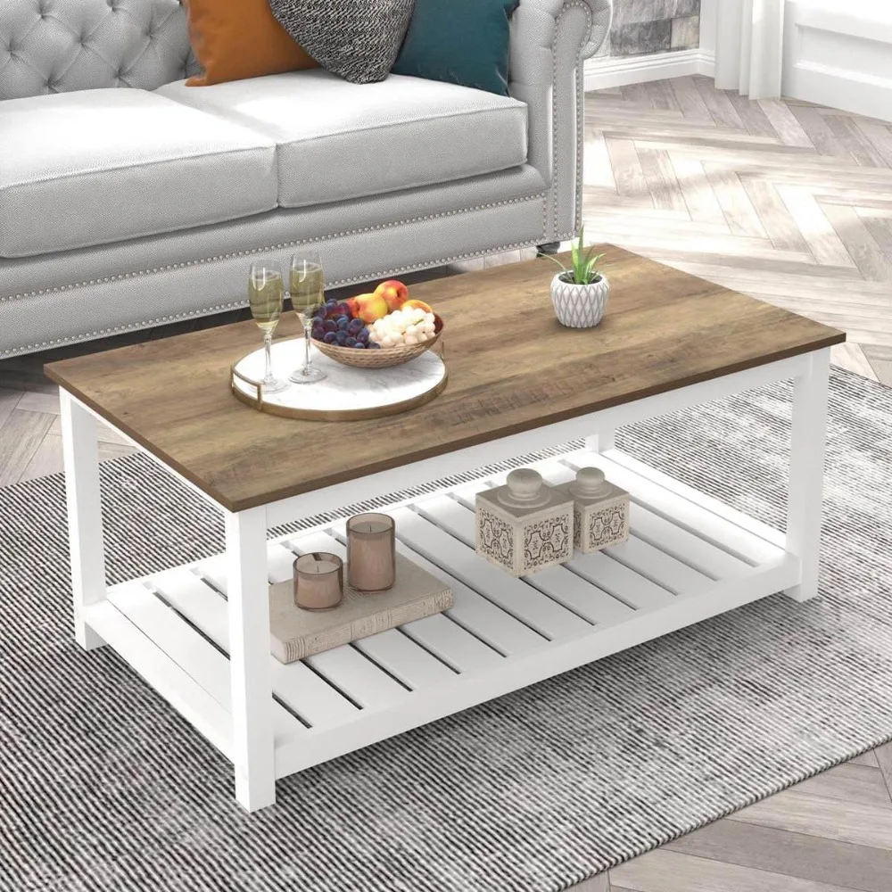 

Farmhouse Coffee Table with Storage Shelf, Rustic Vintage Wood Cocktail Table for Living Room, White