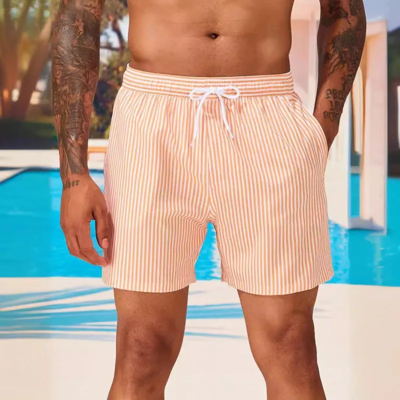 Men's Blue and White Vertical Stripe Swim Trunks Drawstring Waist Quick Dry Beach Shorts