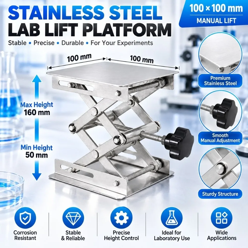 Stainless Steel Lab Jack Scissor Lift Design Adjustable Height Scissor Stand Platform Durable Silver Lab Lift Stand