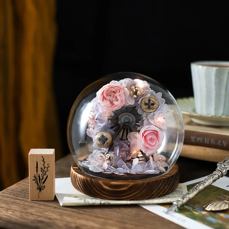 Diameter=13cm Round Glass Dome Vase Home Deocration Preserved Flower Luminous Antique EVA Base Transparent Cover Wedding Senvior