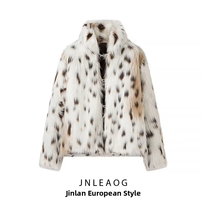 معطف نسائي أنيق للخريف بنقشة الفهد من الفرو، متعدد الاستخدامات بأسلوب الشارع، بأكمام طويلة وطول قصير مع إغلاق بالسحاب