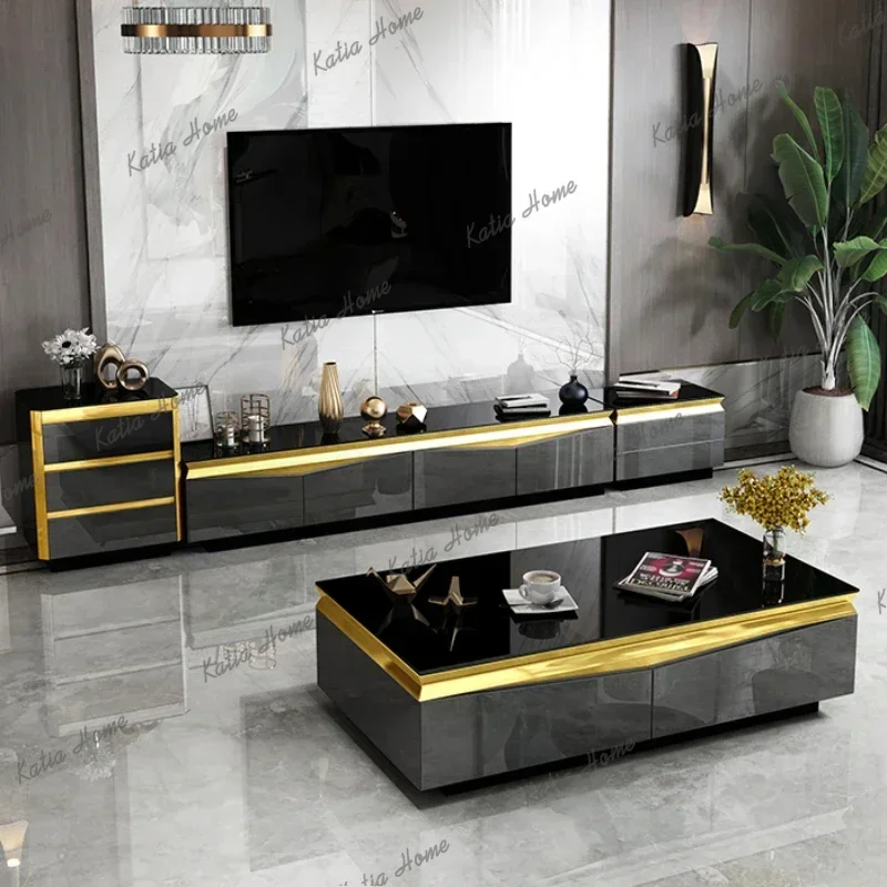 YJ TV Stand Modern Living Room TV Monitor Stand Gold Stainless Steel Cabinet Mesa+tv Table+Coffee Centro Table House Furniture