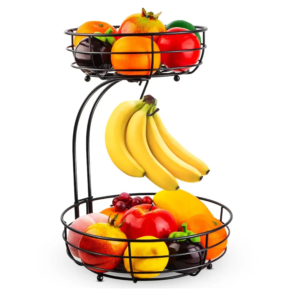 

2-Tier Fruit Basket, Metal Fruit Bowl, Bread Baskets, Fruit Holder, Large Fruit Stand Organizer with Banana Hanger, Black