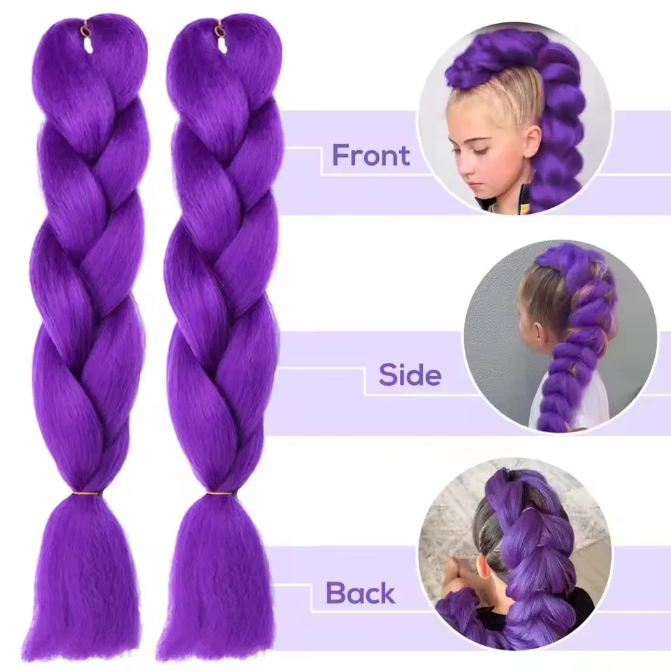 Synthetic 24inch Long Purple Braiding Hair Extensions for Braids Rumi Braiding Hair for Stage Party Cosplay, Multi-colored Braid