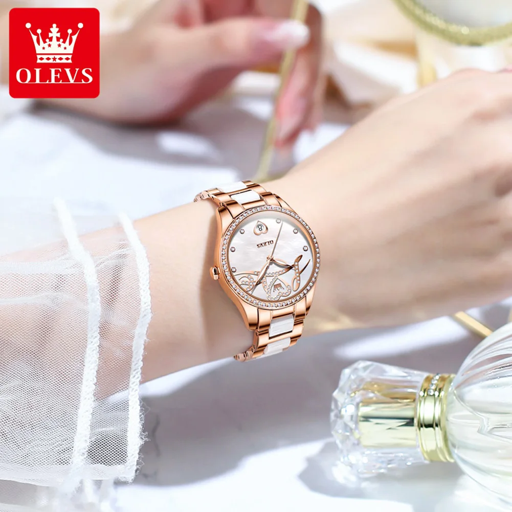 OLEVS Brand Fashion Diamond Design Mechanical Watch for Women Luxury Ceramic Strap Waterproof Luminous Calendar Womens Watches