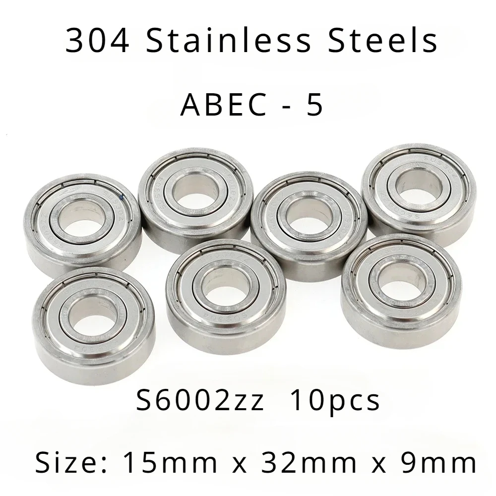 Veekaft High Performance 304 Stainless Steel ABEC-5 Deep Groove Ball Bearings - S6002zz Size:15mmx32mmx9mm of 10pcs