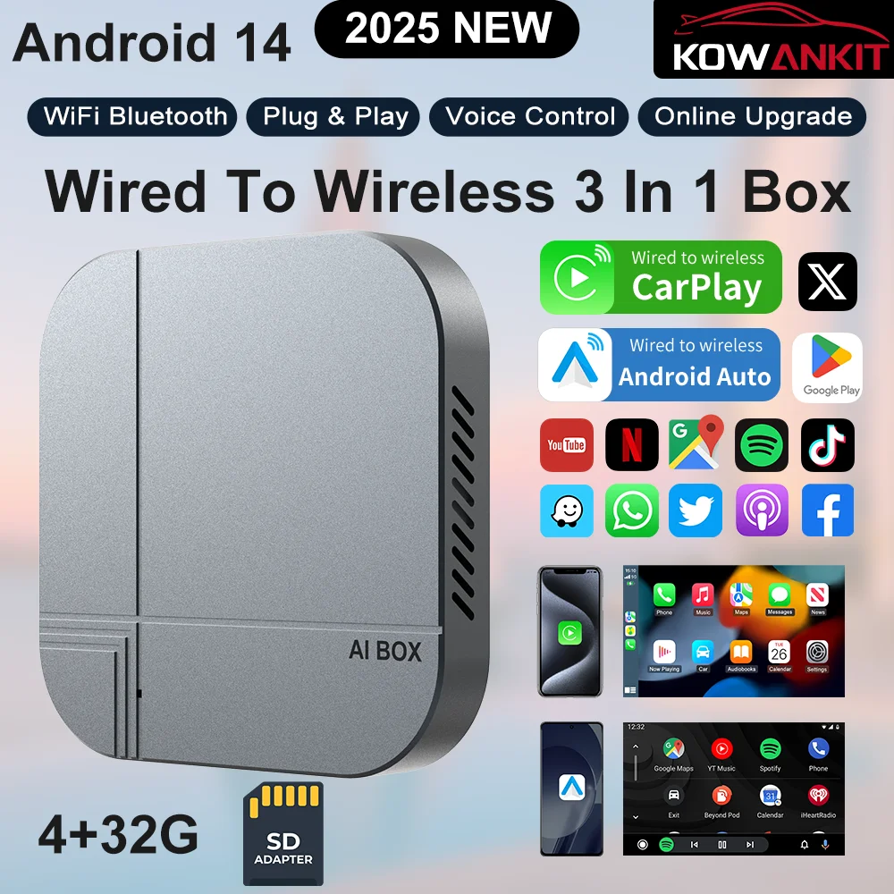 

2026 KowanKit Android 14 Беспроводной CarPlay Smart AI Box 4+32 ГБ Android Auto Dongle Plug & Play 3-в-1 ТВ-приставка для YouTube Netflix