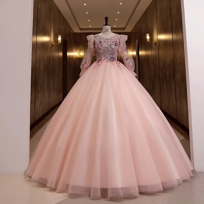 

Ball Gown Quinceanera Dresses Appliques Long Sleeves Tulle Prom Birthday Party Gowns Formal Vestido De Noche
